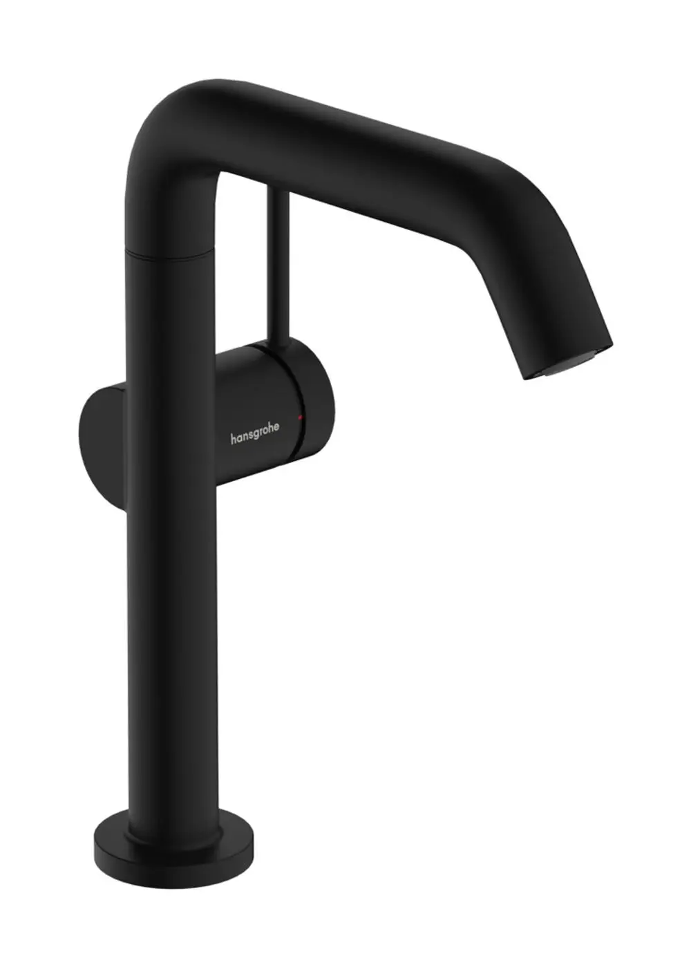 Schwenkbarer Waschtischmischer in mattschwarz von Hansgrohe mit einem Einhebelgriff und einer Push-Open Ablaufgarnitur.